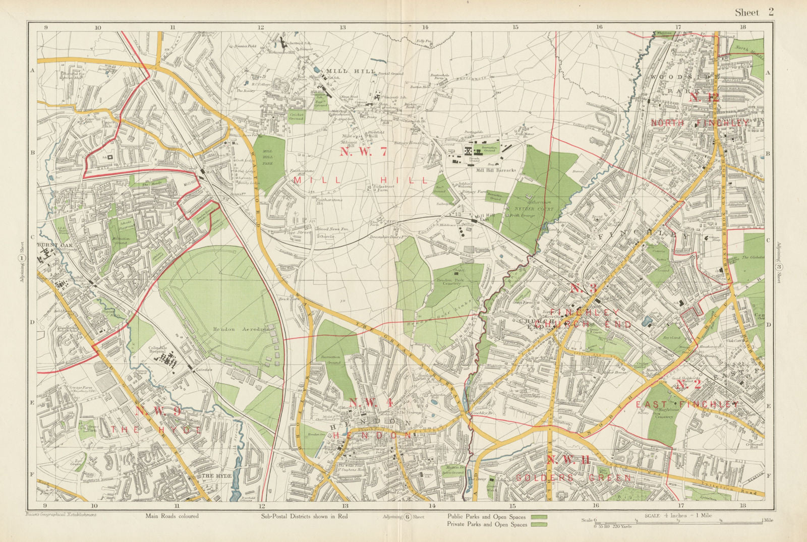 FINCHLEY/HENDON Mill Hill Hyde Golders Green Edgware Colindale. BACON 1934 map